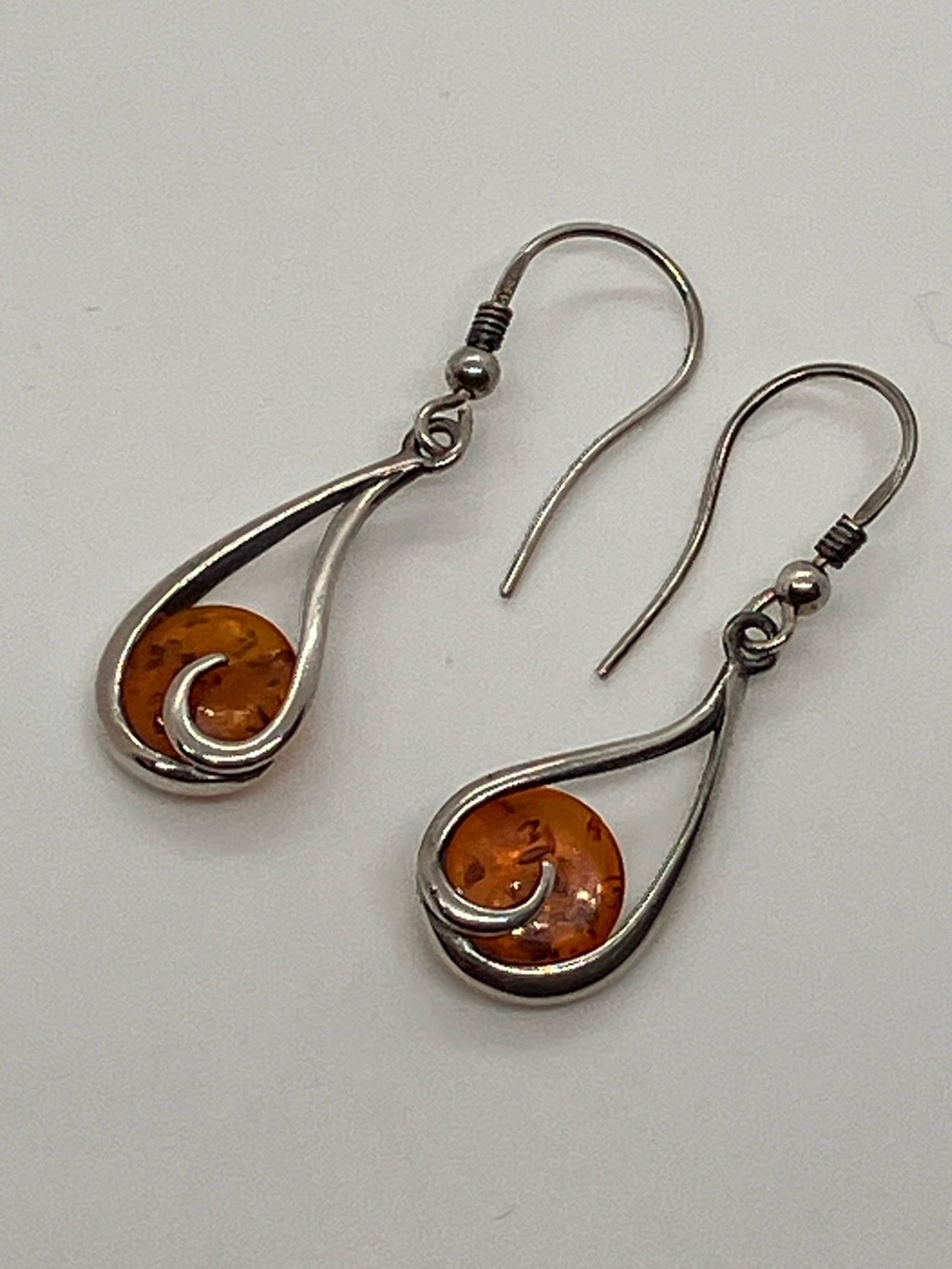 Vtg 925 Baltic Amber Swirl Teardrop Dangle Earrings Sterling Silver